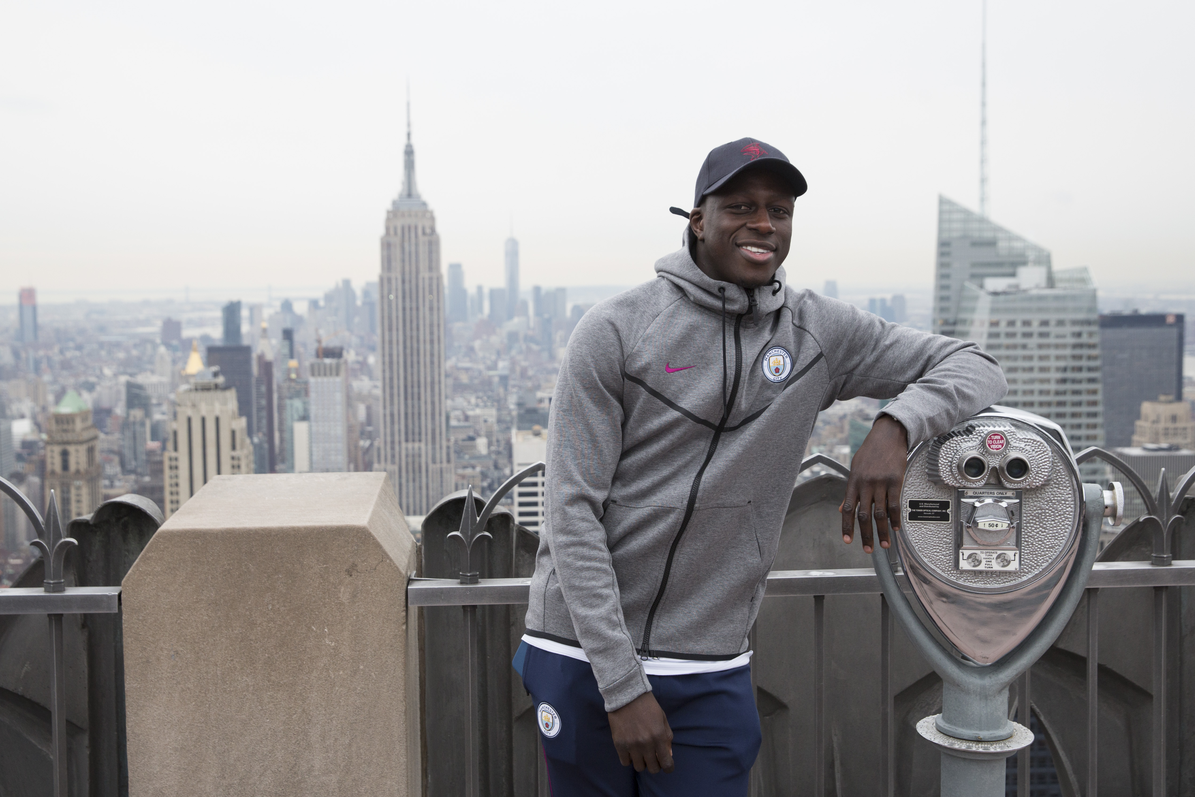 Manchester City player Benjamin Mendy visits the Top of the Rock in Manhattan New York