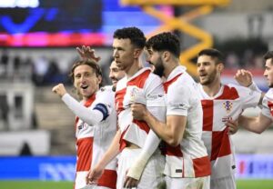 Croatia players celebrate after scoring a goal against France in the Nations League quarterfinals. Foto credit Croatian team